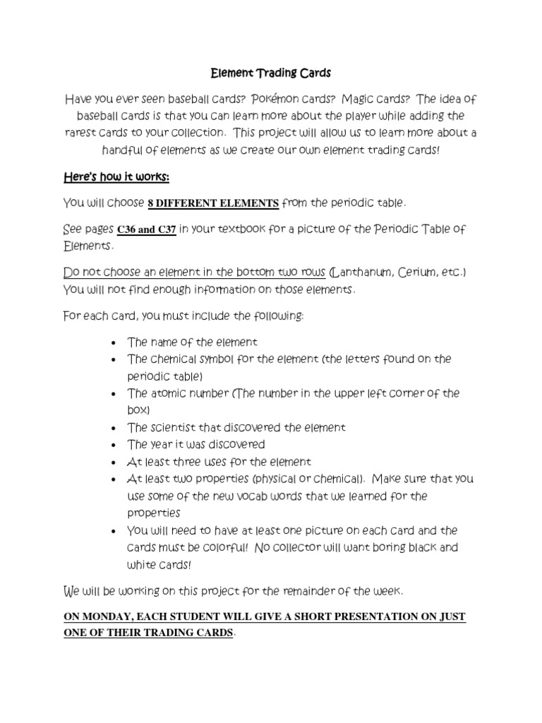 Element Trading Cards PDF Chemical Elements Periodic Table