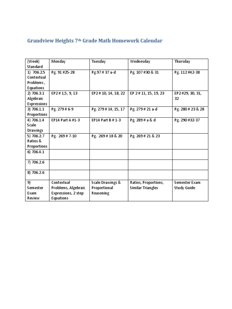 Grandview Heights 7th Grade Math Calendar | PDF | Teaching Methods ...