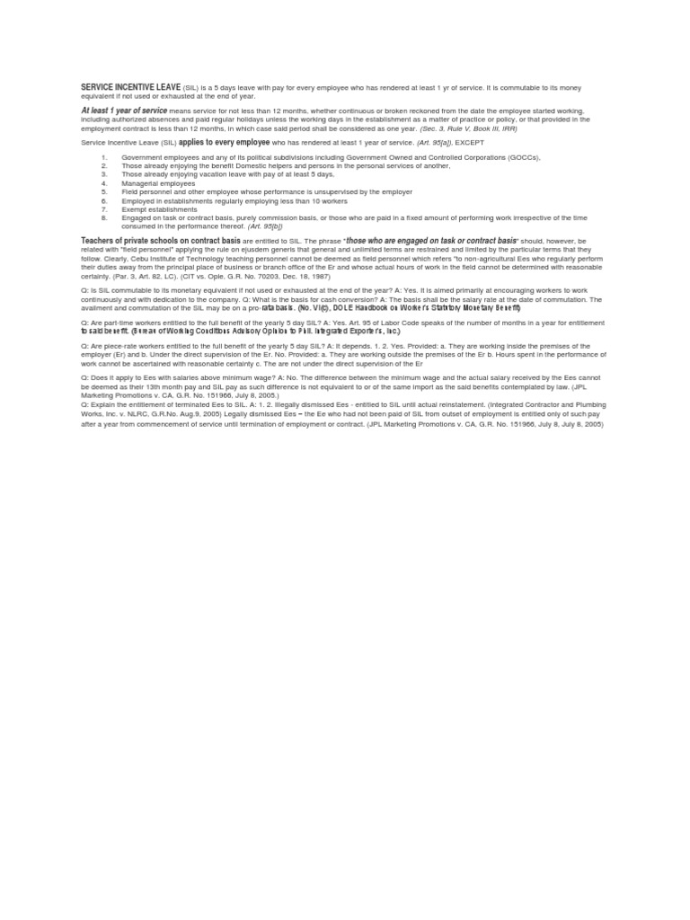 Service Incentive Leave | PDF | Employment | Labor