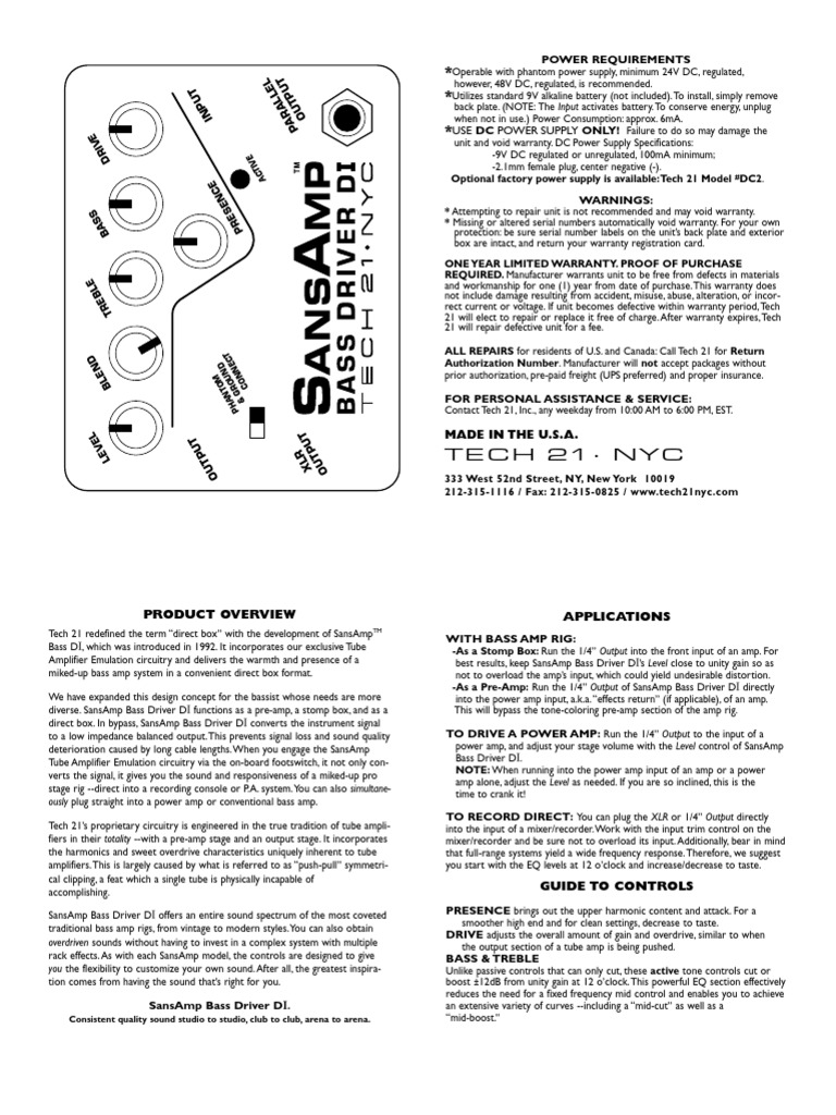 TECH 21 SansAmp Bass Driver DI 説明書・箱付き TECH 21 SANSAMP BASS DRIVER DI MANUAL Pdf Download | ManualsLib