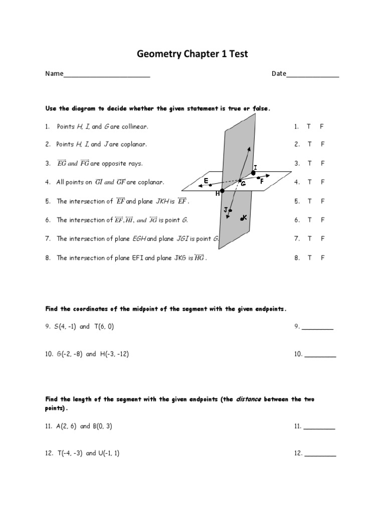 Geometry Chapter 1 Test | PDF | Angle | Plane (Geometry)