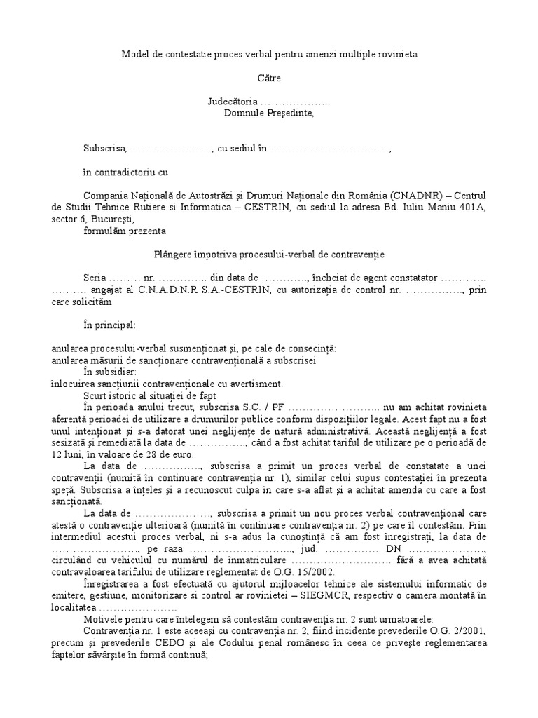 Model De Contestatie Proces Verbal Pentru Amenzi Multiple Rovinieta