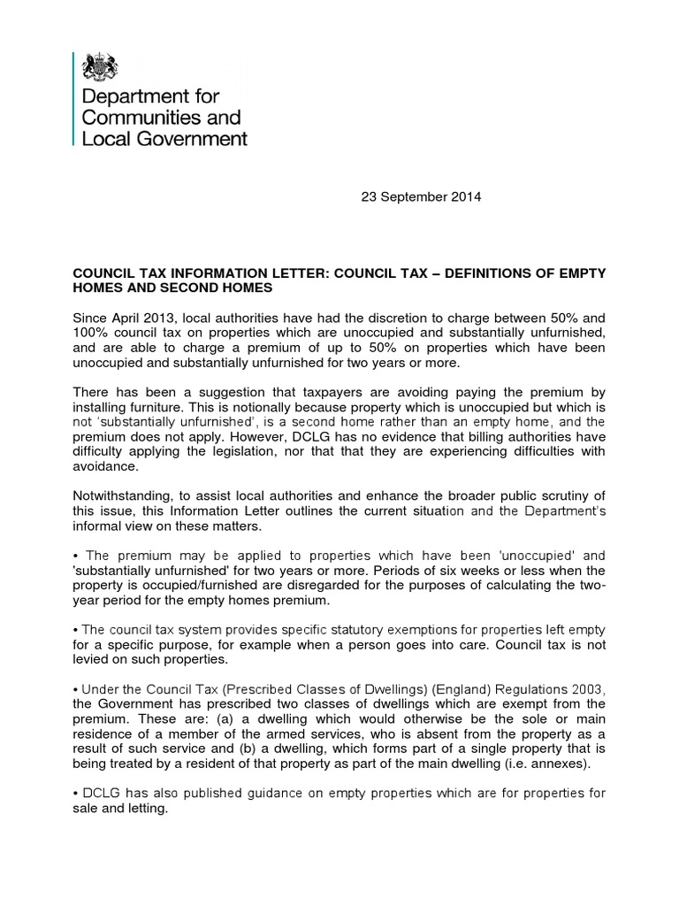 DCLG Letter Re Second Homes and Empty Homes Sept 14 | PDF 