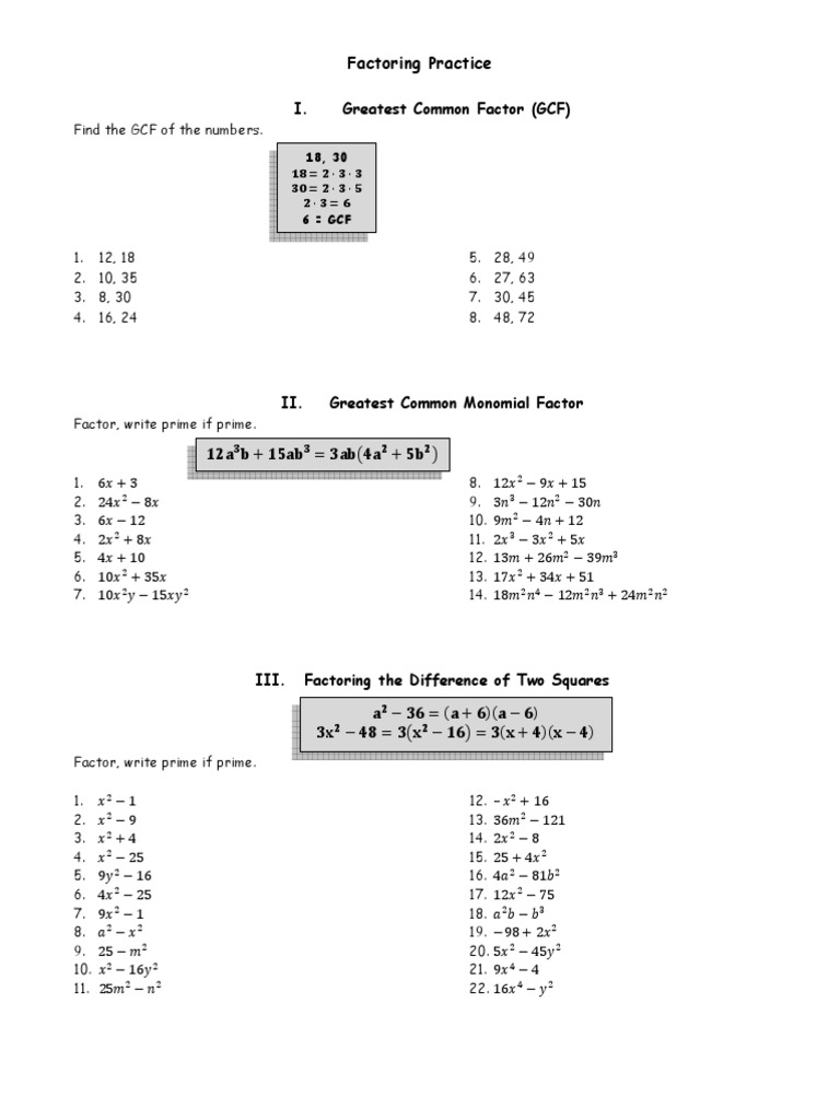 Factoring Practice Elementary Mathematics Algebra