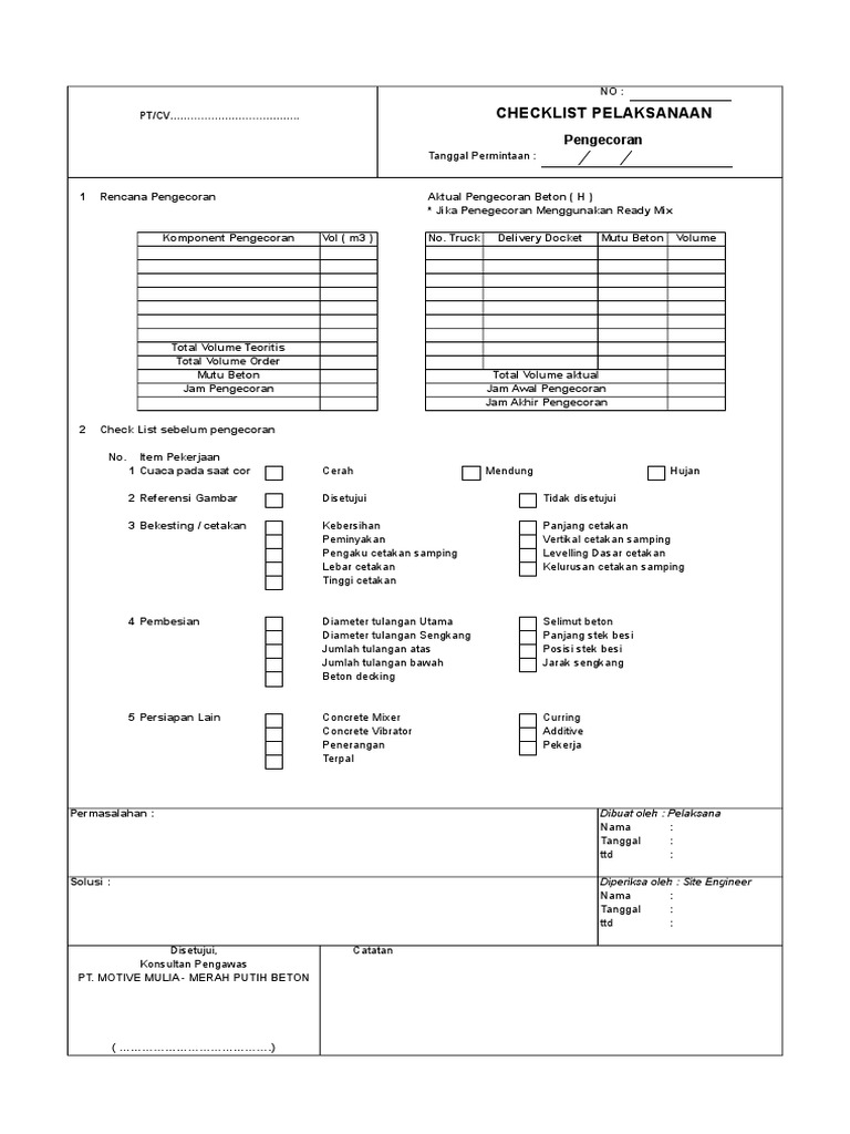 Checklist Pengecoran Beton Lengkap | PDF | Griya & Taman | Teknologi ...