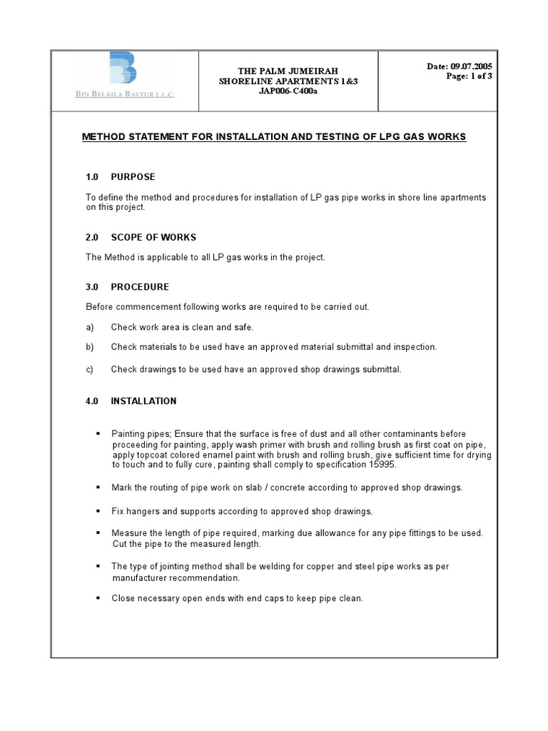 111601 Method Statement For Gas Works PDF Liquefied Petroleum Gas Pipe (Fluid Conveyance)