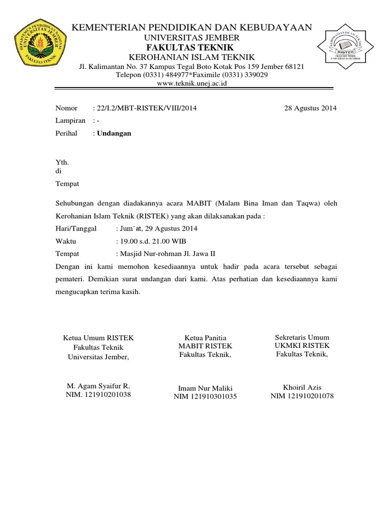 Contoh Surat Undangan Resmi Universitas