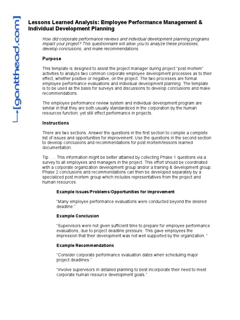 Lessons Learned Analysis Employee Performance Management & Individual ...