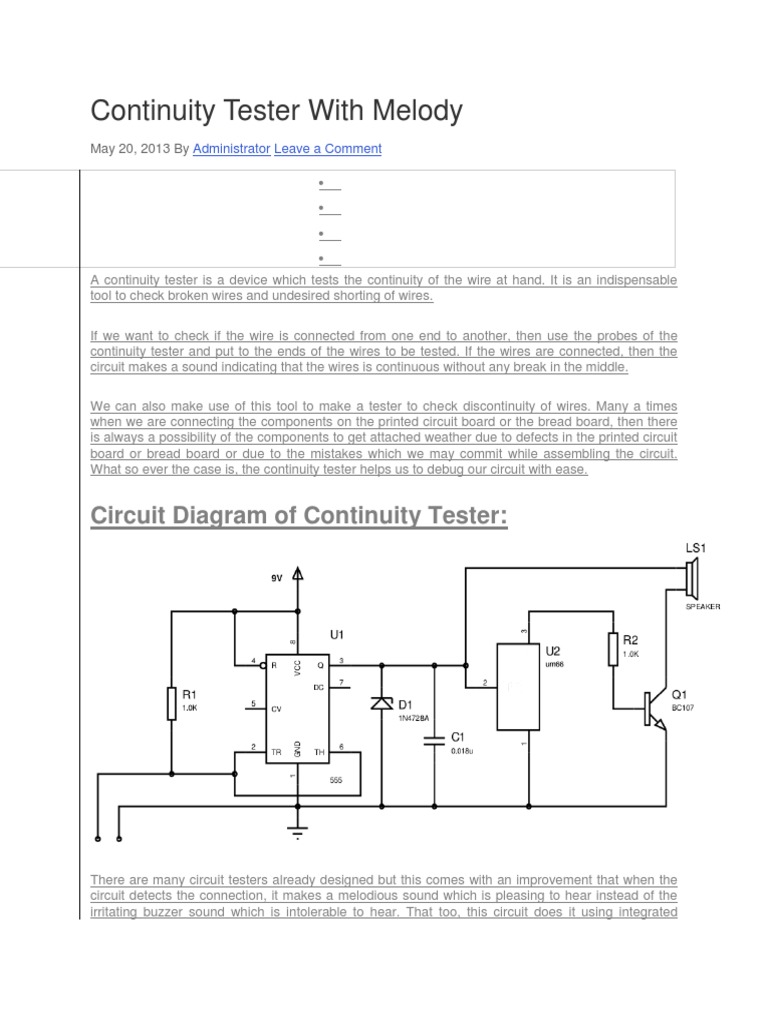 Continuity Tester With Melody PDF Electrical Network Electronic