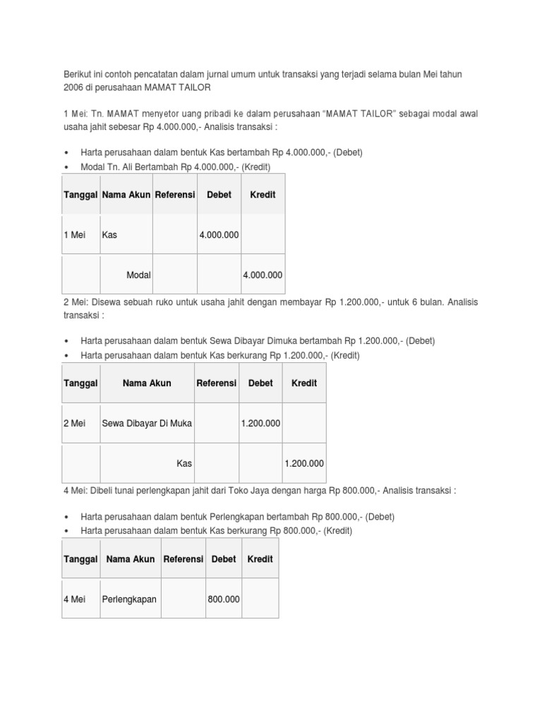 Berikut Ini Contoh Pencatatan Dalam Jurnal Umum Untuk Transaksi Yang Terjadi Selama Bulan Mei Tahun 06 Di Perusahaan Mamat Tailor