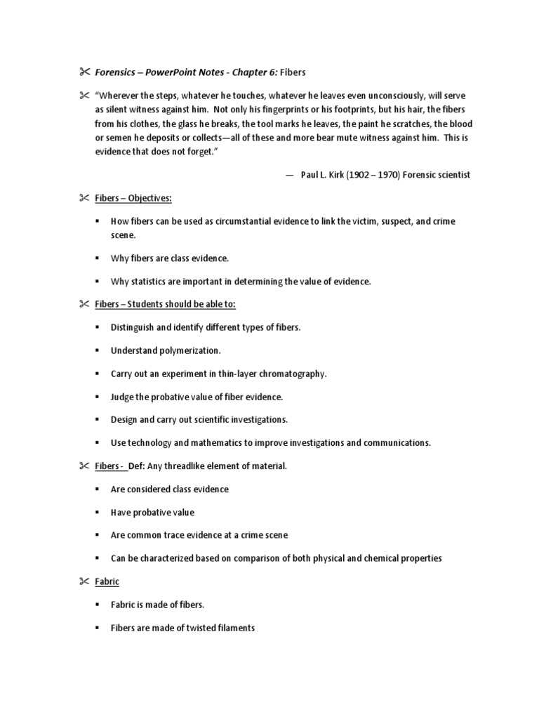 Forensics - PowerPoint Notes - Chapter 6 - Fibers | PDF | Yarn | Textiles