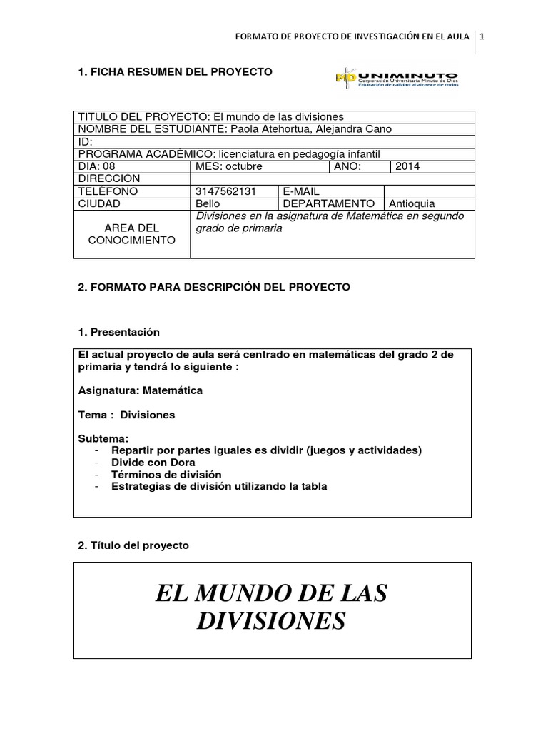 Formato de Proyecto de Aula | PDF | Educación primaria | Cognición