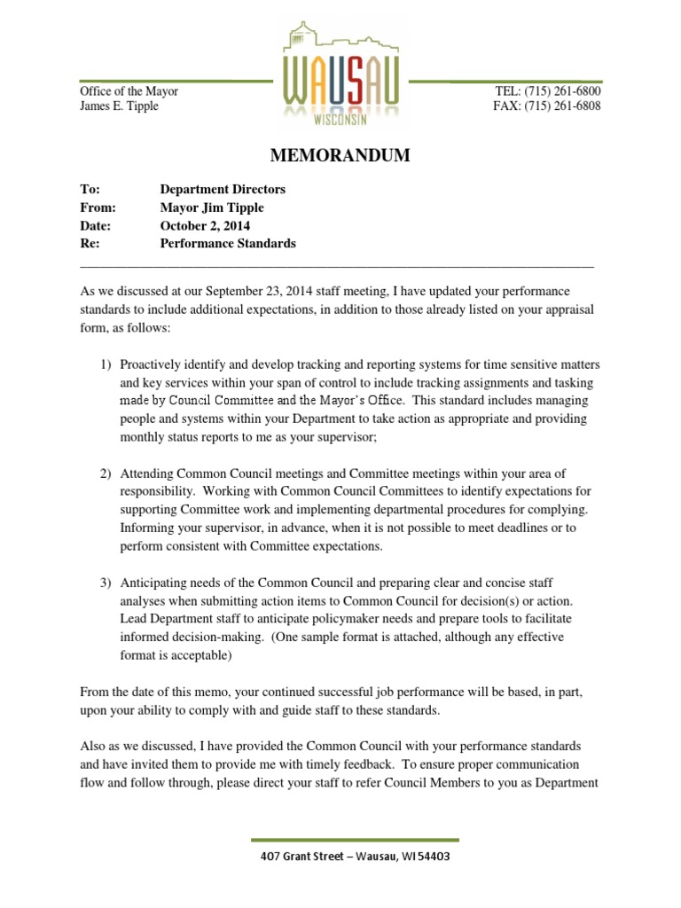 Wausau Mayor Jim Tipple's Oct. 2 Memo To Department Heads Memorandum