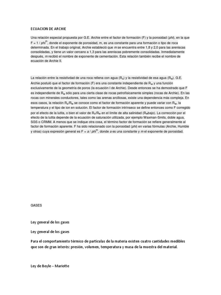 Ecuación de Archie y su Aplicación | PDF | Gases | Física Aplicada e ...