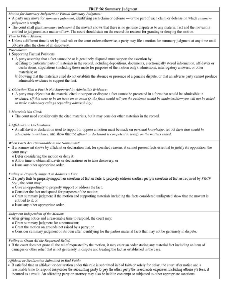 FRCP 56 Summary Judgment Chart Federal Rules Of Civil Procedure