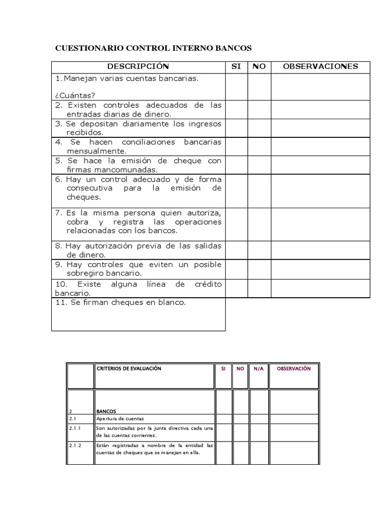Cuestionario de Control Interno Bancos | PDF | Finanzas y dinero