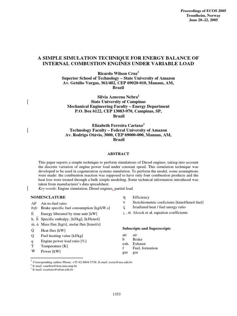 A Simple Simulation Technique For Energy Balance of Internal Combustion