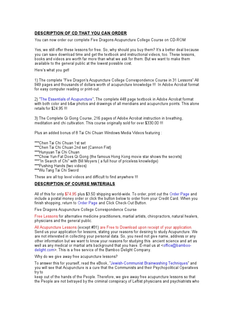 Five Dragons Acupuncture Course Details PDF Asian Traditional