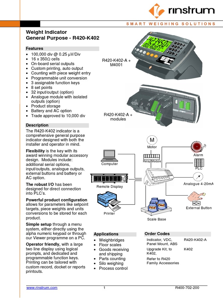 R420-K402 Weight Indicator Overview | PDF | Battery (Electricity ...