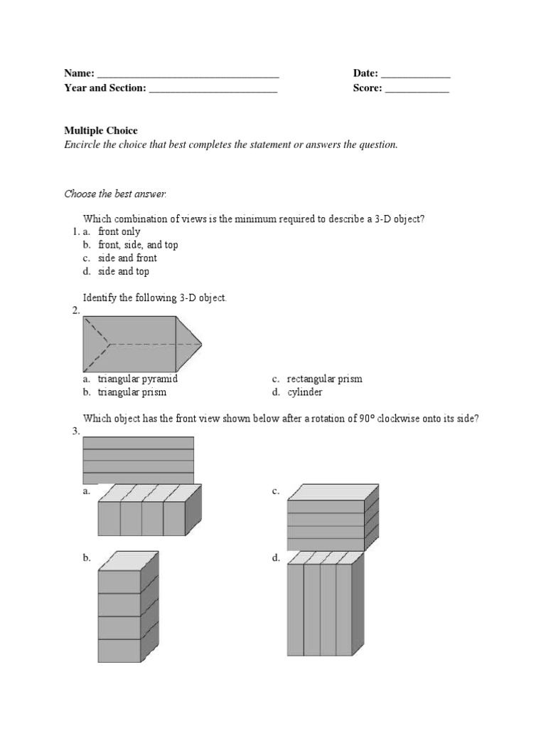 3-D Object Assessment Questions | PDF | Euclidean Geometry | Geometry