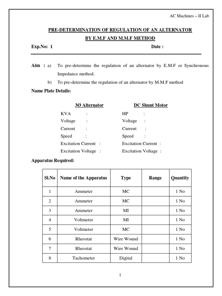 Ac Machines Lab Manual PDF Voltage Electric Current