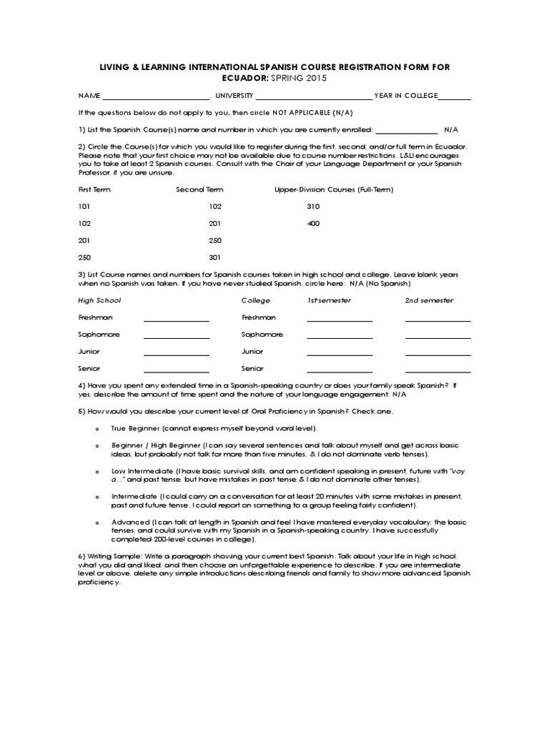 Living & Learning International Spanish Course Registration Form For ...