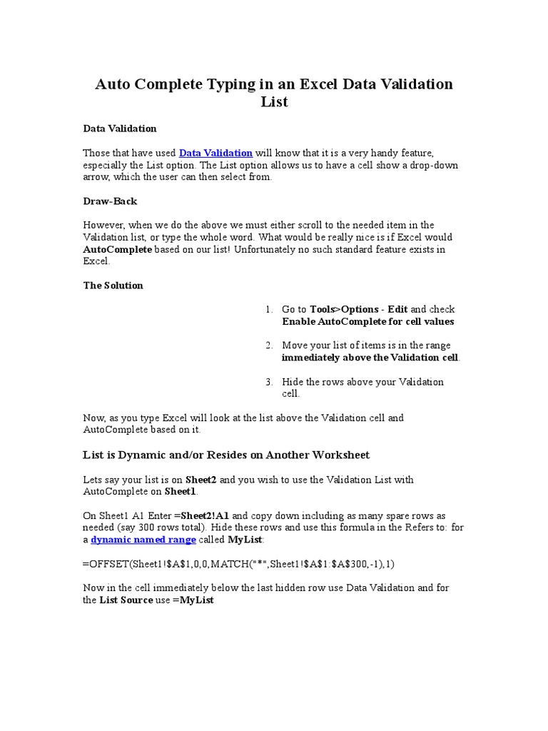 Auto Complete Typing in An Excel Data Validation List Data Validation