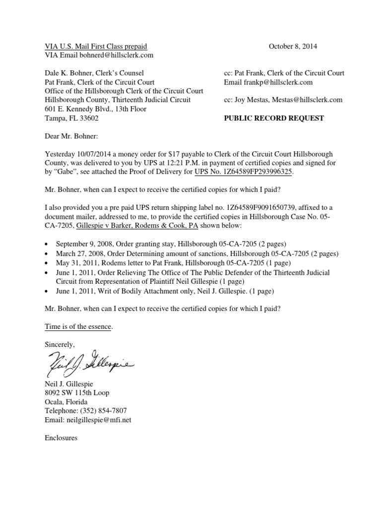 Dale Bohner, Clerk's Counsel-Provide Certified Records Already Paid