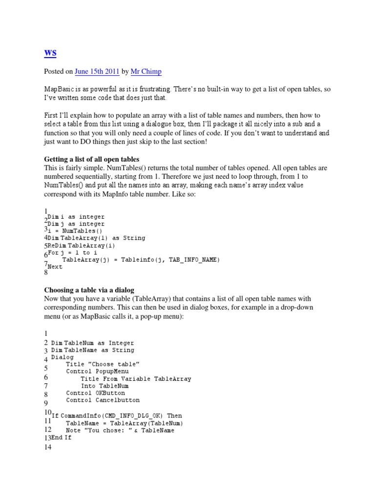 MapBasic: List Open Tables Code | PDF | Teaching Methods & Materials ...