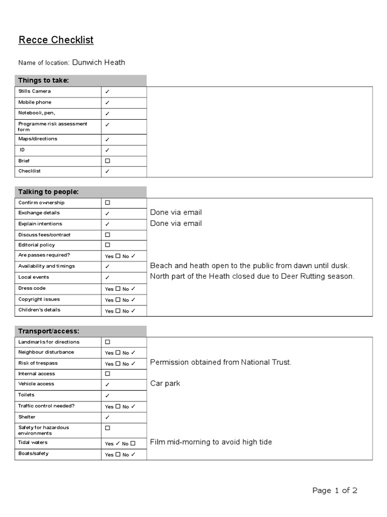 Recce Checklist | PDF