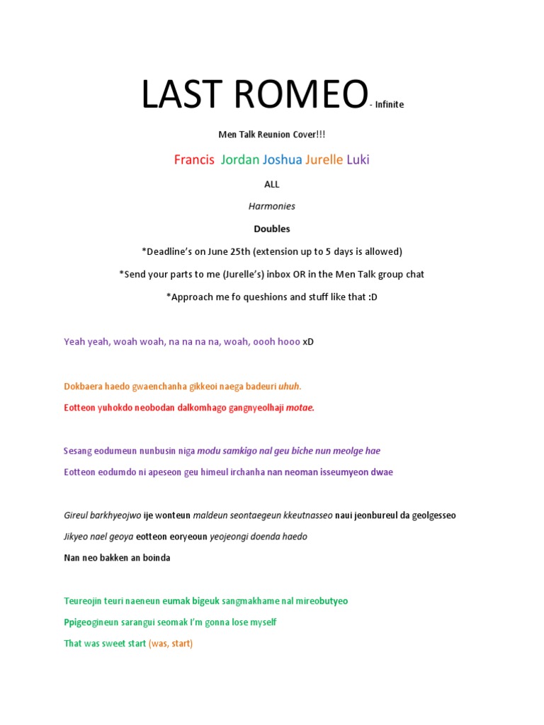 Last Romeo Cover by Men Talk | PDF