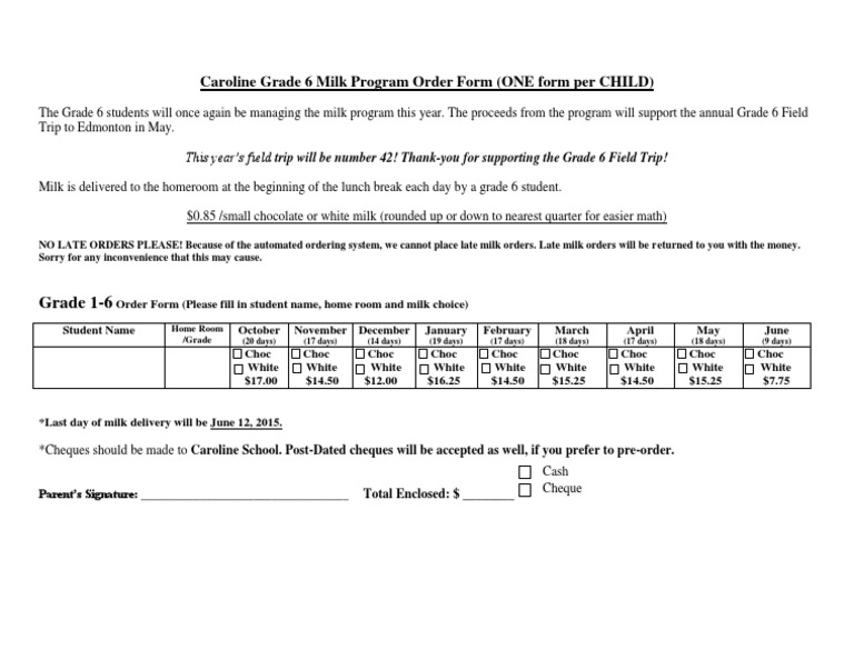 Caroline Grade 6 Milk Program Order Form (ONE Form Per CHILD) | PDF
