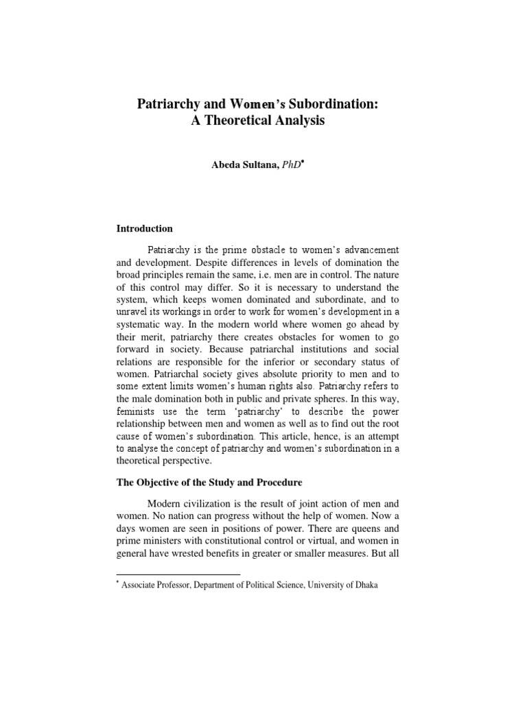 Analyzing Patriarchy and Women's Subordination | PDF | Patriarchy ...