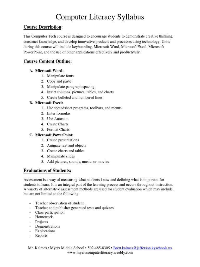 Computer Literacy Syllabus | PDF | Collaboration | Learning