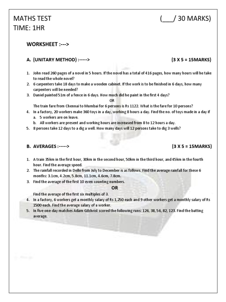 WORKSHEET Unitary Method PDF