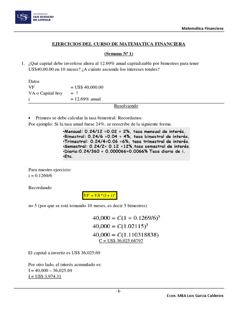 Ejercicios Del Curso de Matematica Financiera PDF | PDF | Finanzas ...