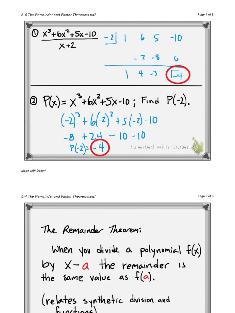 5-4 The Remainder and Factor Theorems | PDF