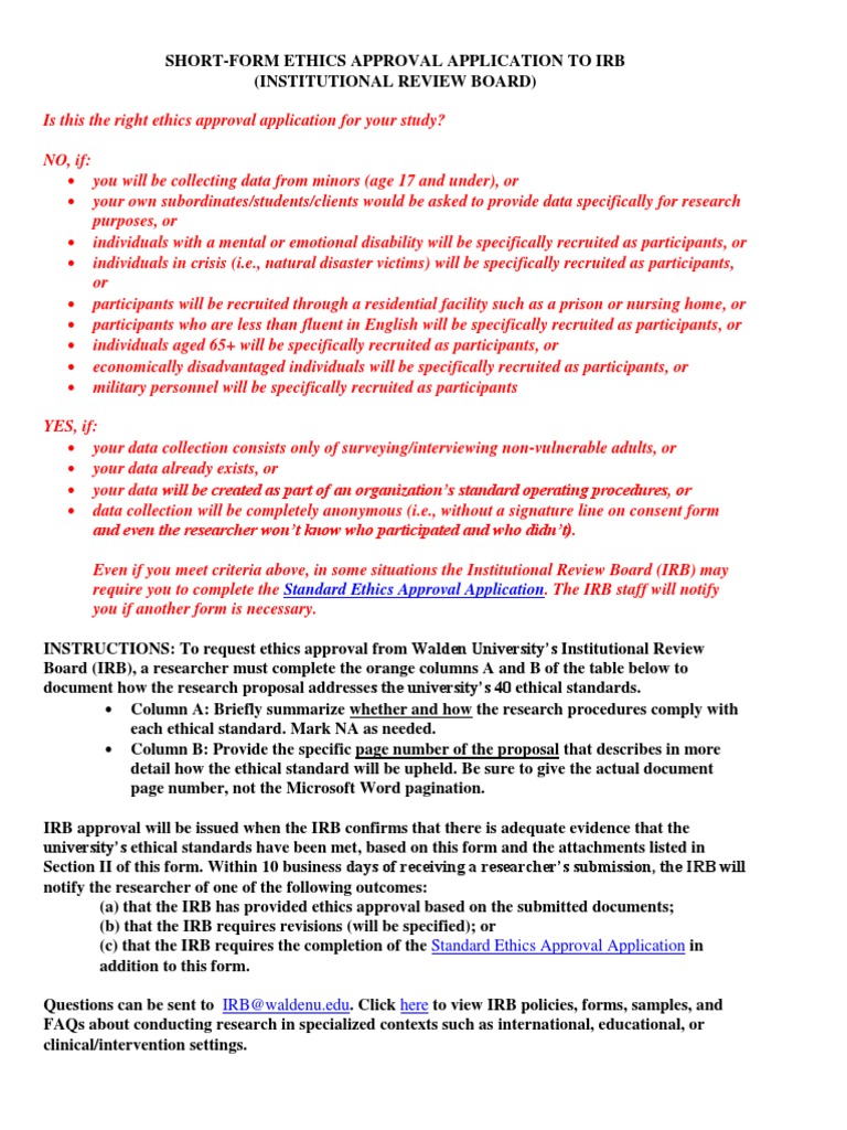 Shortform Irb Application Institutional Review Board Educational