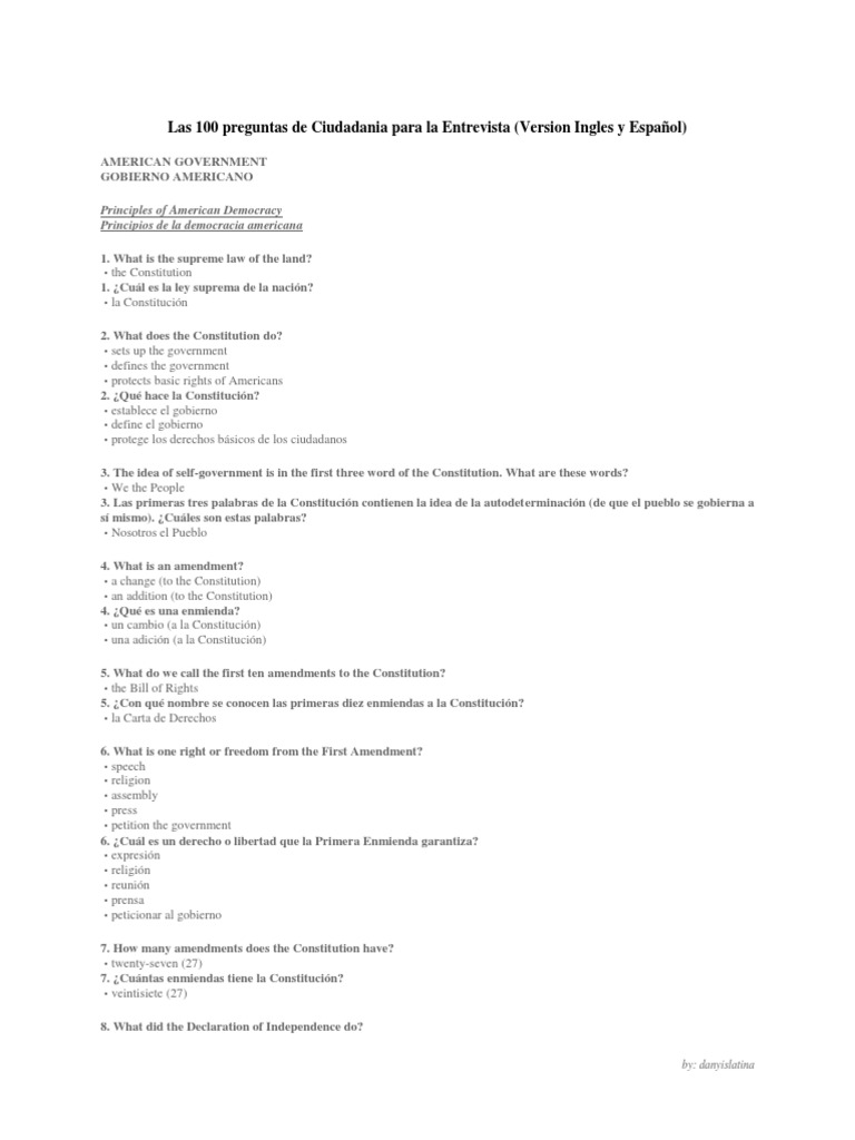 Las 100 preguntas de Ciudadania para la Entrevista (Version Ingles y