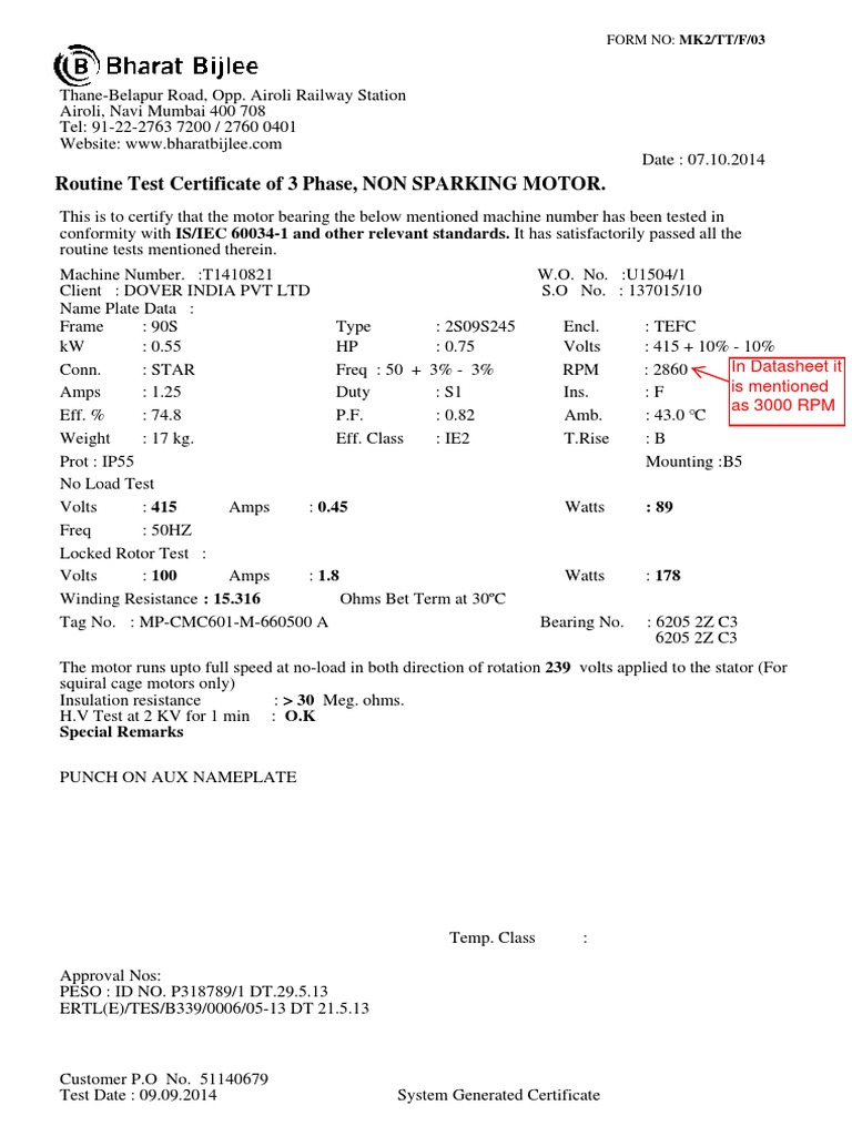Routine Test Certificate for Motors | PDF | Science & Mathematics ...