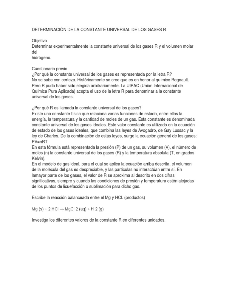 Determinación de la Constante R en Gases | PDF | Gases | Mole (Unidad)