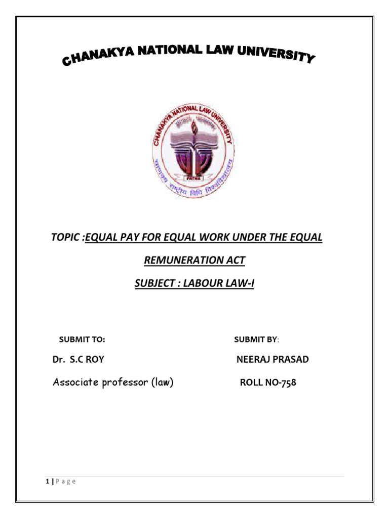 Topic:Equal Pay For Equal Work Under The Equal Remuneration Act Subject ...