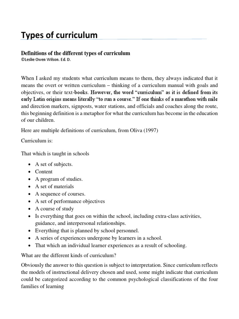 Definitions of the different types of curriculum