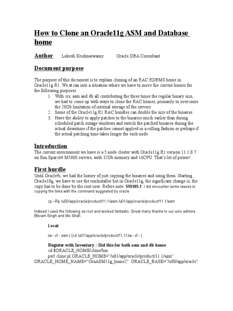 Clone Oracle11g ASM and Database Guide | PDF