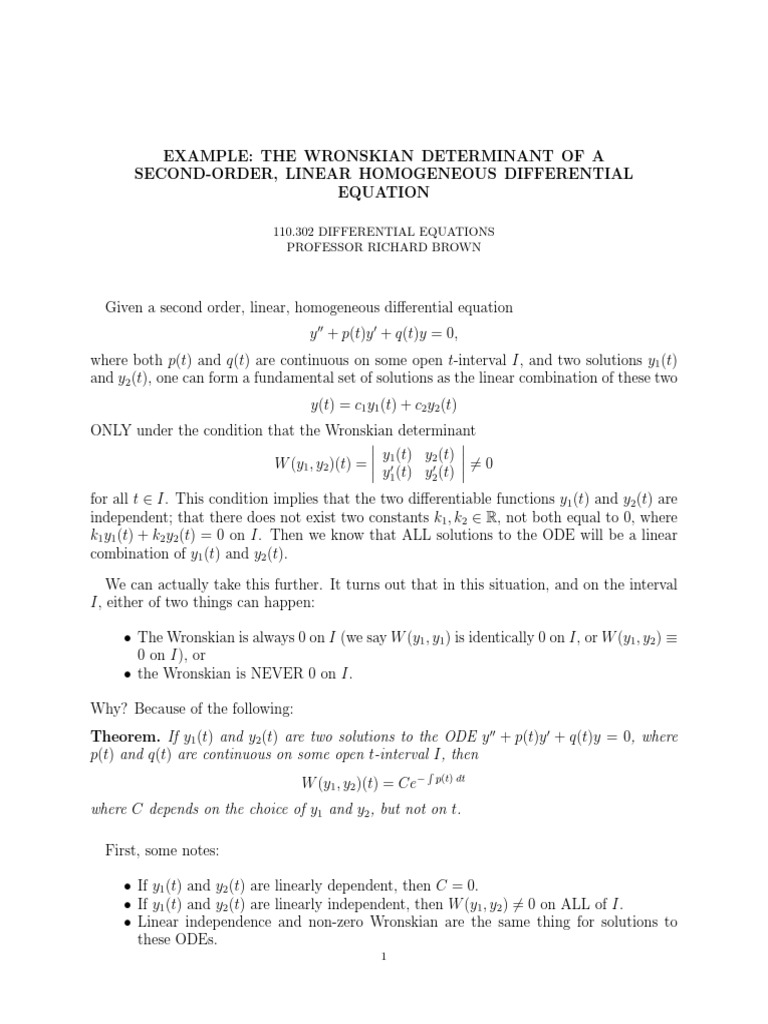 Wronskian Independence PDF Ordinary Differential Equation Equations
