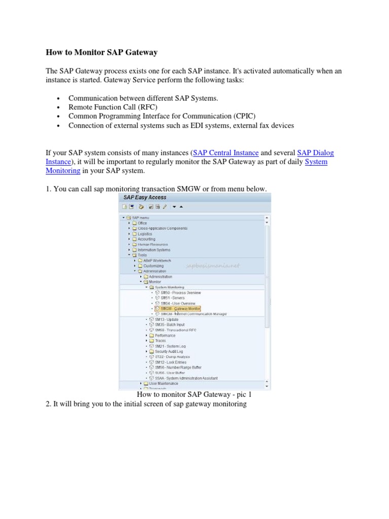 How To Monitor SAP Gateway: SAP Central Instance SAP Dialog Instance ...