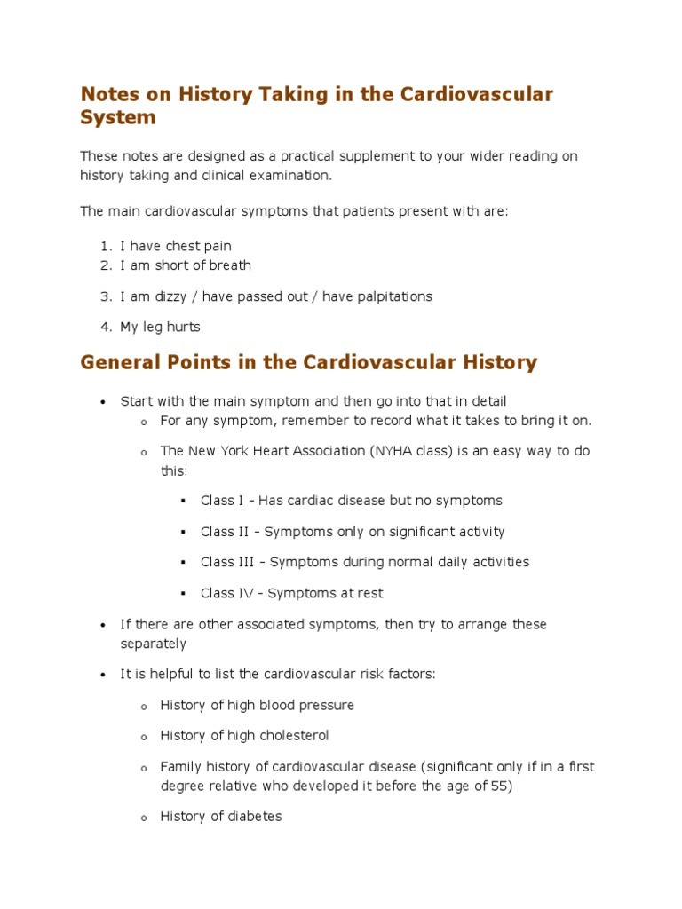 Notes on History Taking in the Cardiovascular System Myocardial