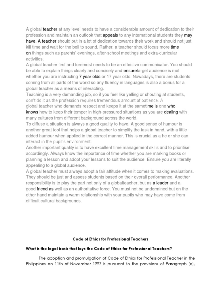 Code Of Ethics For Professional Teachers Pdf Profession Teachers