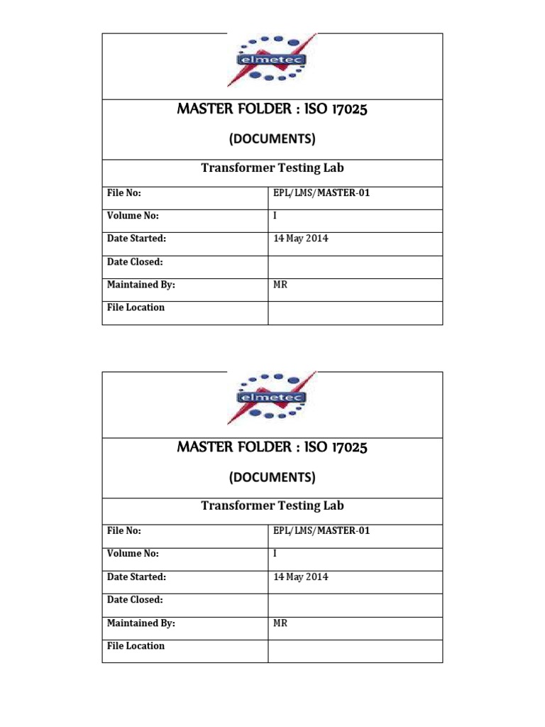 ISO 17025 Master Folder for Transformers | PDF