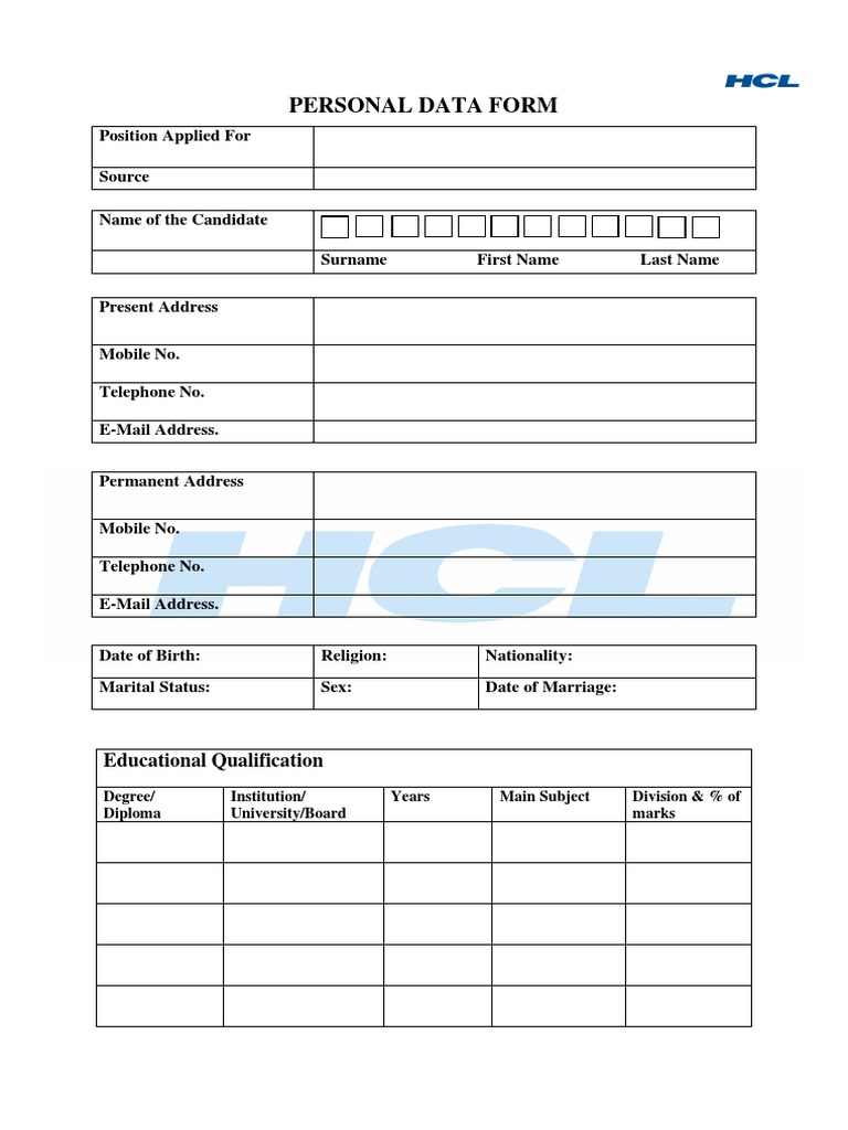 Personal Data Form: Educational Qualification | PDF | Salary | Social ...